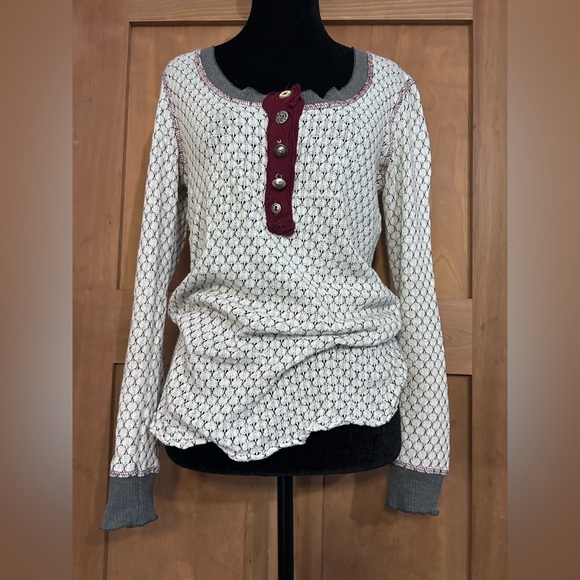 Scrapbook Tops - Scrapbook Cream and Gray Long Sleeve Top with Burgundy Accents